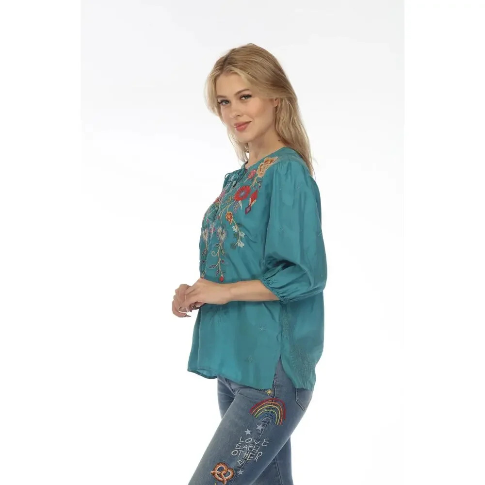 Johnny Was Workshop Taryn Flowy Tassel Silk Blouse Sea Stone Size L - Picture 2 of 9